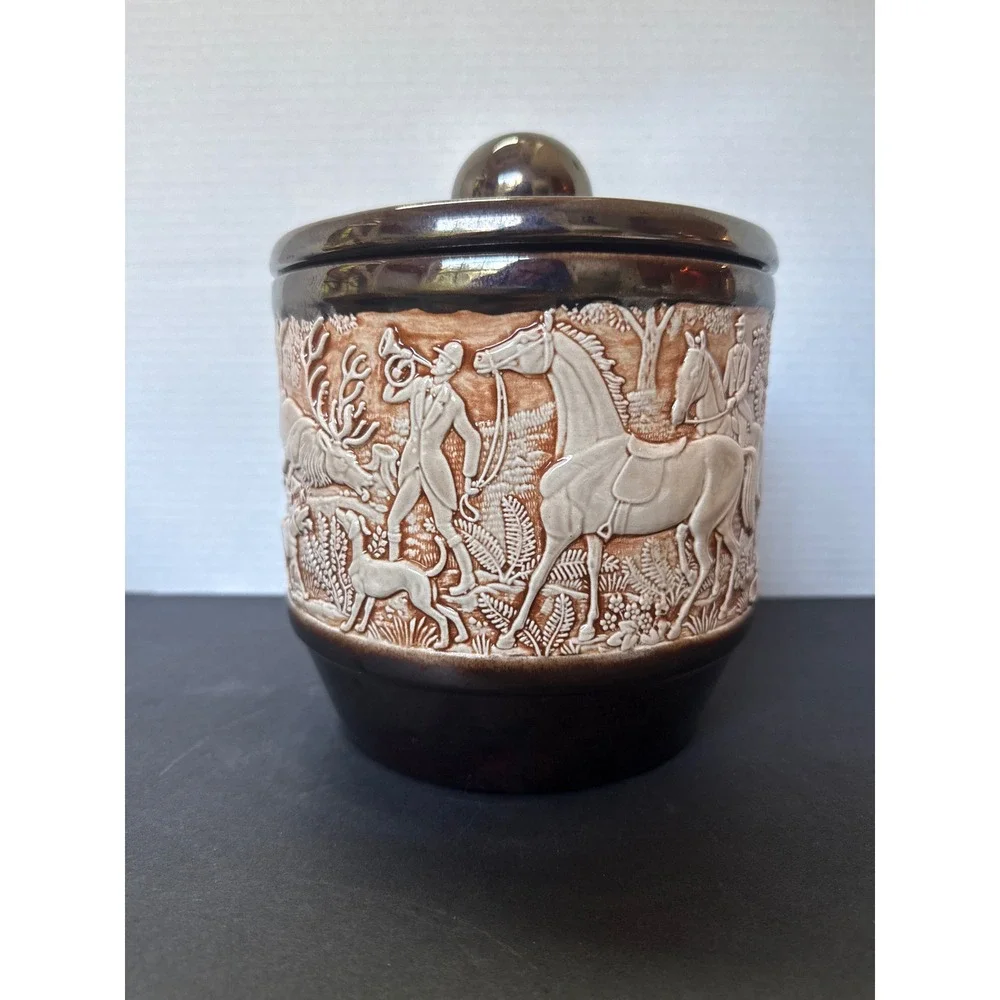 Vintage Fox Hunt Ceramic Cookie Jar Canister Embossed Equestrian Scene Brown